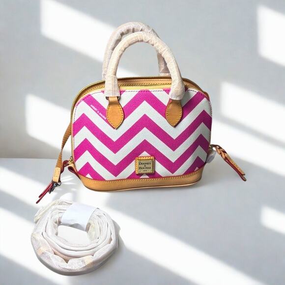 Dooney & Bourke Bitsy Bag Chevron Fuchsia Pink Canvas Leather Satchel NWT - Picture 1 of 8